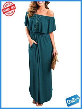 Off Shoulder Ruffle Maxi Dress with Pockets Side Split Beach Party